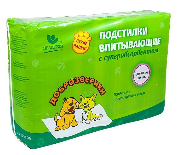 Пеленки Доброзверики Super с суперабсорбентом 60 х 90 см., 30 шт.