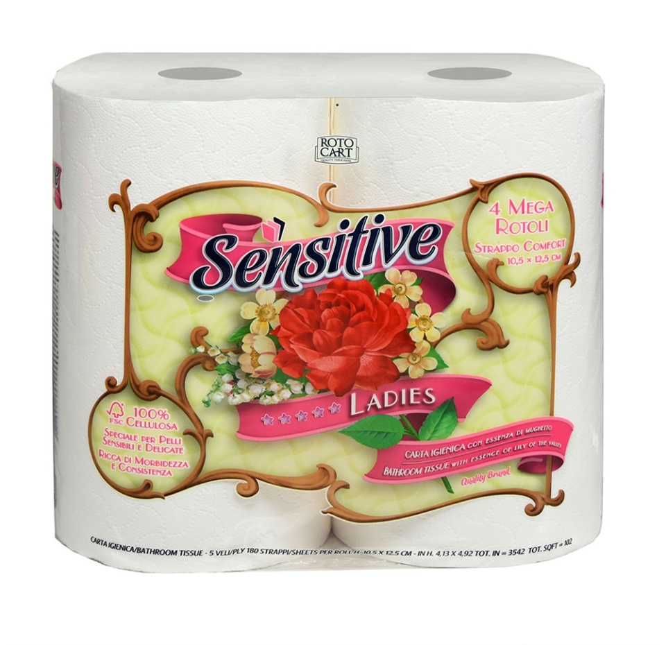 

Туалетная бумага, Sensitive Ladies, 5 слоёв, 180 листов, 4 рулона, Италия
