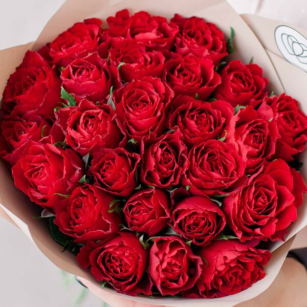 Букет из 25 красных роз 40 см (Кения) в кремовой пленке