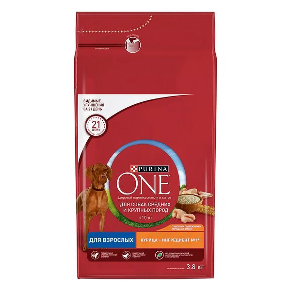 Purina One корм для взрослых собак средних и крупных пород Курица и рис
