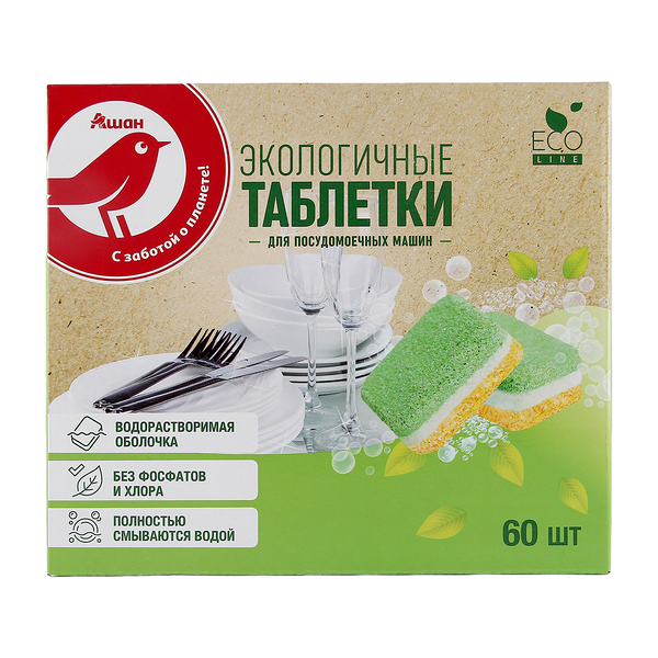 Таблетки для посудомоечных машин АШАН Красная птица без фосфатов и хлора, 60 шт