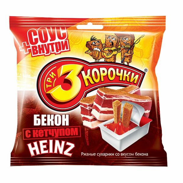 Сухарики Три корочки со вкусом бекона, 60 г + кетчуп Heinz, 25 мл