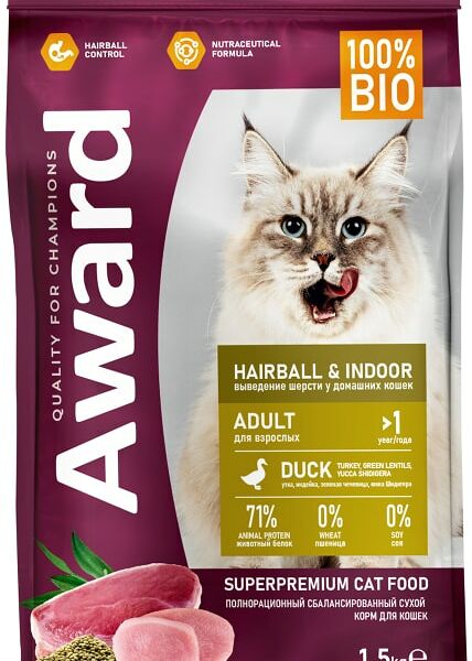 Сухой корм для кошек Award Hairball & Indoor для выведения шерсти с уткой и индейкой с добавлением зеленой чечевицы и Юкки Шидигера 1.5кг