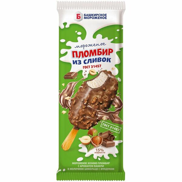 Пломбир Башкирское мороженое из сливок в молочном шоколаде с фундуком 60 г