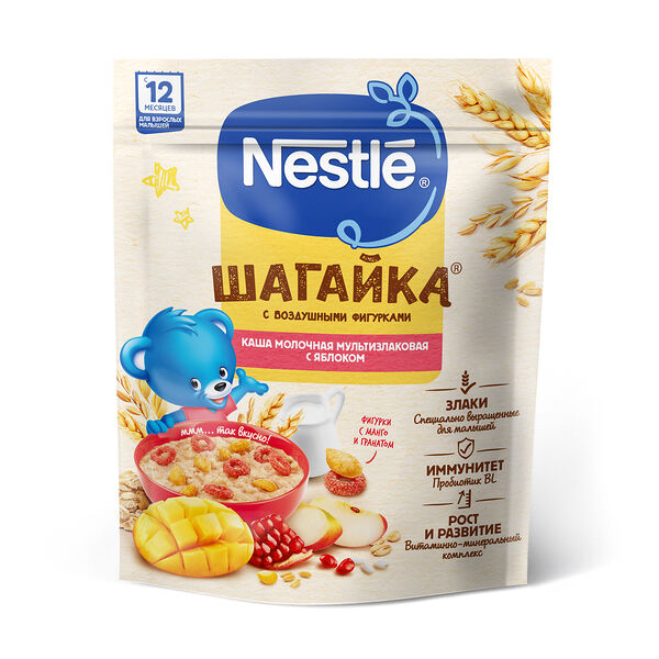 Каша молочная мультизлаковая Nestle Шагайка с яблоком и воздушными фигурками с манго и гранатом с 12 месяцев