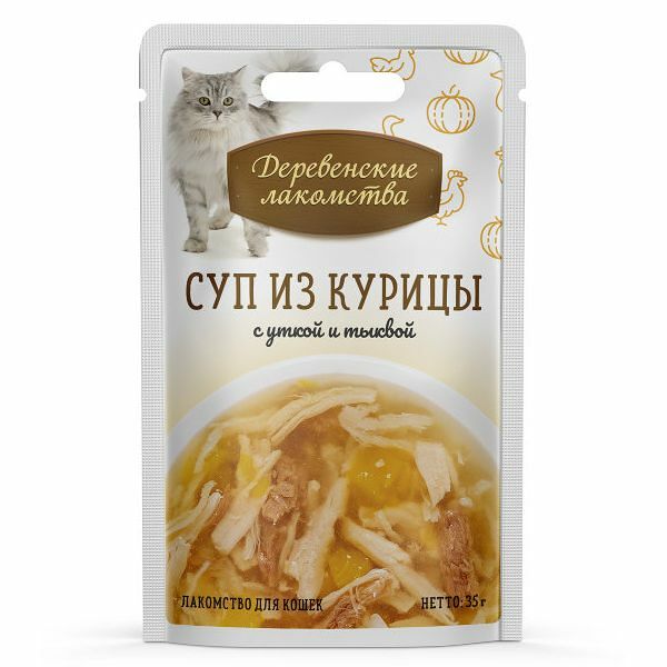 Корм для кошек ДЕРЕВЕНСКИЕ ЛАКОМСТВА Суп из курицы с уткой и тыквой 35г (упаковка - 60 шт)