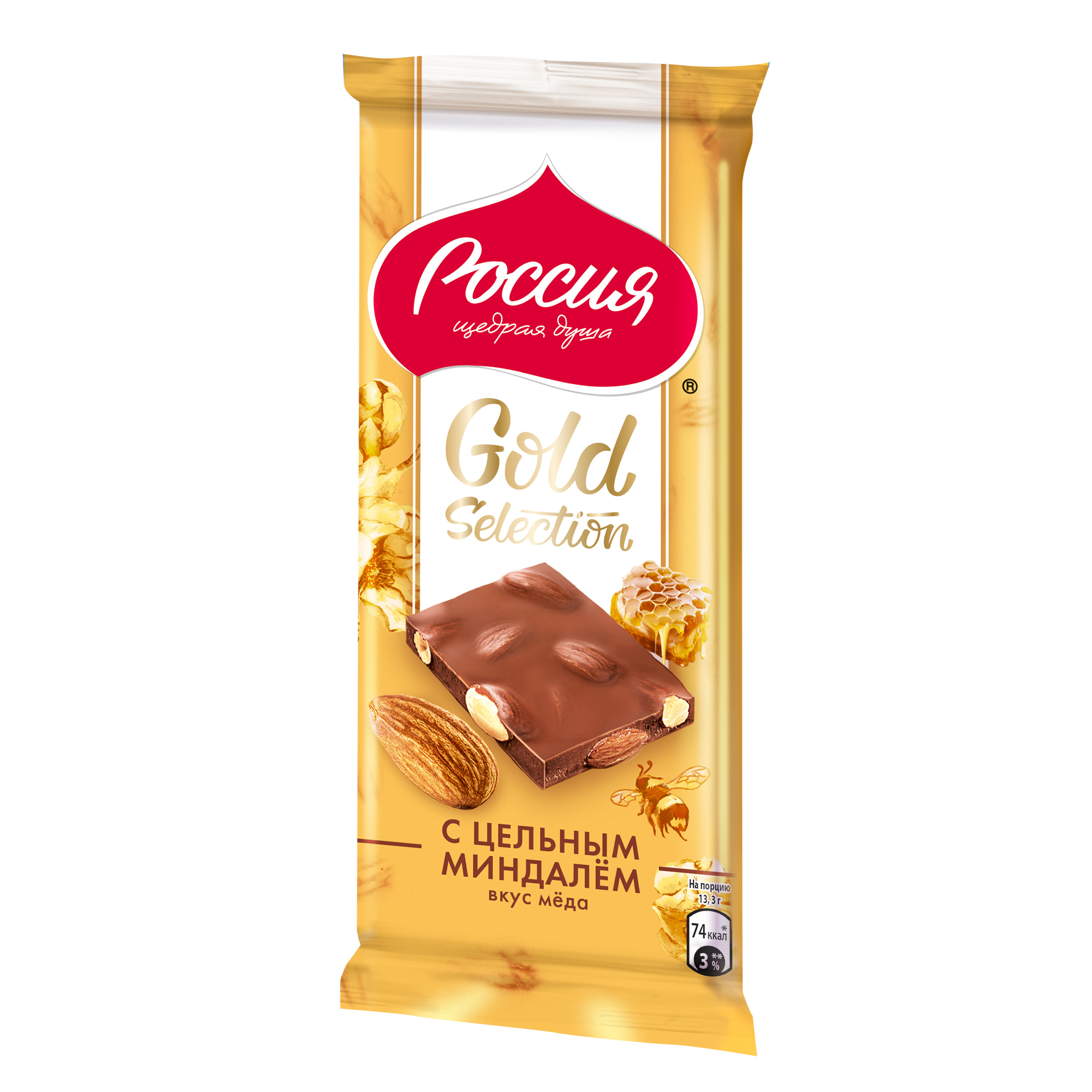 

Шоколад Россия - Щедрая душа! Gold Selection молочный с цельным миндалем вкус меда 80 г
