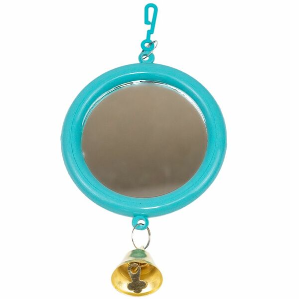 HOMEPET Зеркало для птиц с колокольчиком круглое малое бирюзовое 8х16,5см