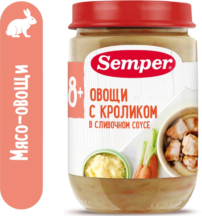

Пюре мясо-овощное Semper Овощи с кроликом в сливочном соусе с 8 месяцев 190 г