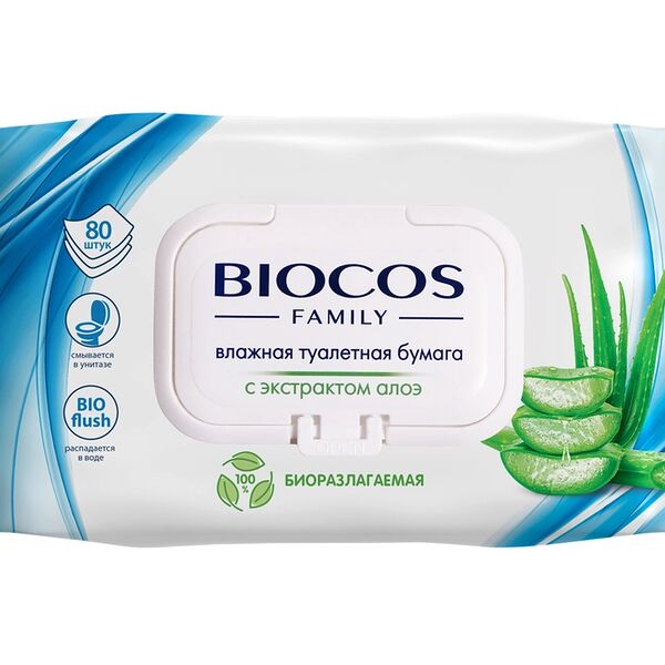 Бумага туалетная влажная Biocos для всей семьи с клапаном, 80 шт.