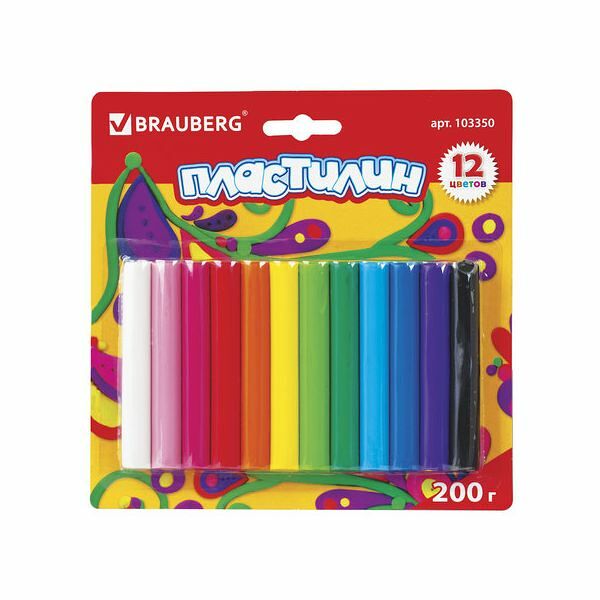 Пластилин классический BRAUBERG 12 цветов, 200 г, ВЫСШЕЕ КАЧЕСТВО, блистер, 103350,Россия