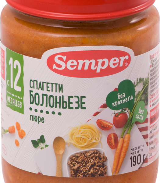 Пюре SEMPER Спагетти Болоньезе, с 12 месяцев