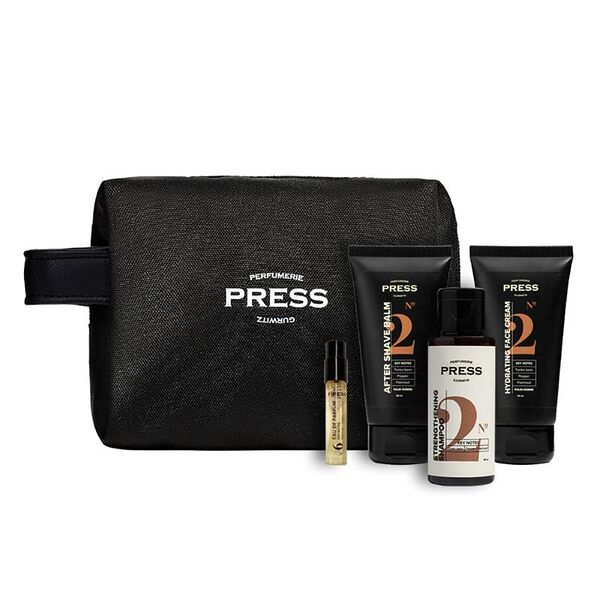 Press Gurwitz Perfumerie Набор подарочный Бальзам после бритья 50 мл + крем 50 мл + шампунь 300 мл + парфюм 2.5 мл + косметичка