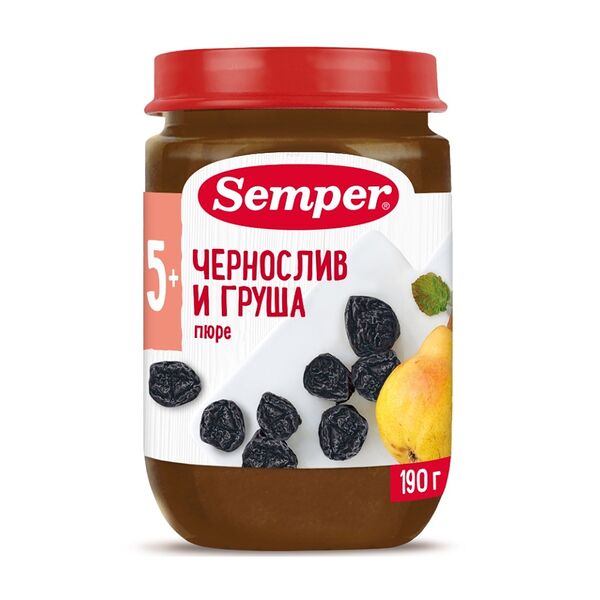 Пюре фруктовое Semper чернослив и груша с 5 месяцев 190г, Испания