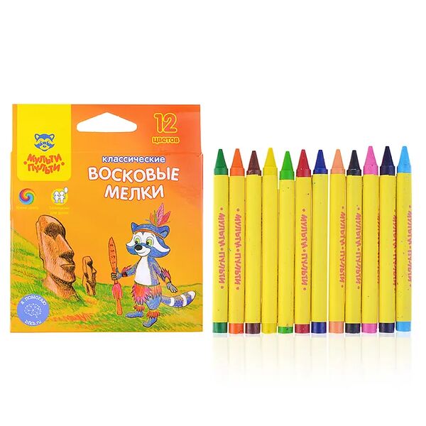 Мелки восковые МУЛЬТИ-ПУЛЬТИ Енот на острове Пасхи 12 цветов круглые Арт. LC_10439