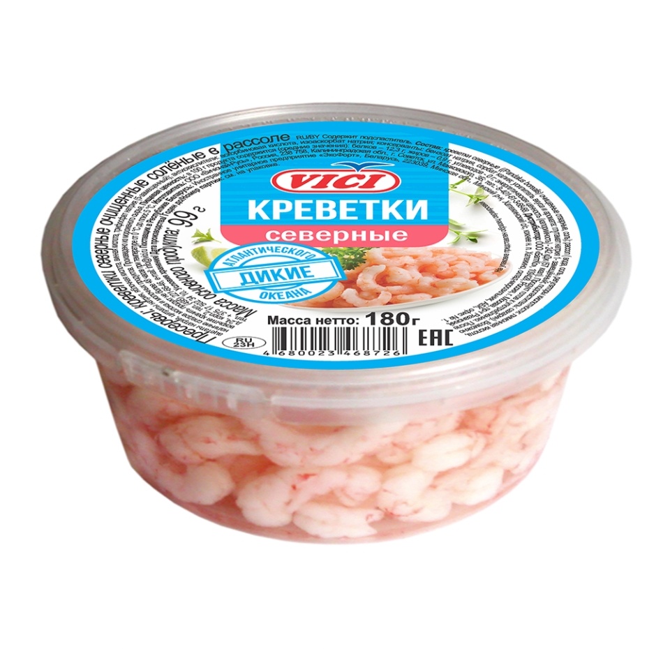 

Креветки северные VICI очищенные отварные в рассоле 180г, Россия