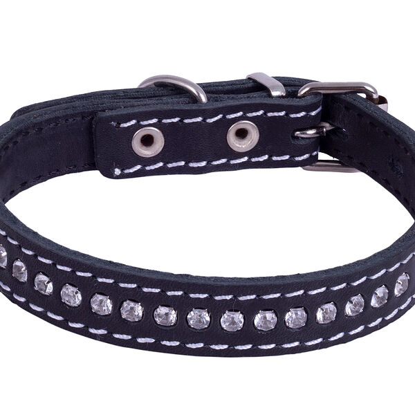 Каскад ошейник кожаный двойной со стразами 24-28 см.