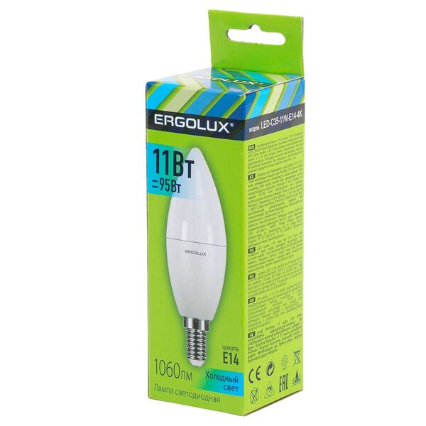 Лампа светодиодная ERGOLUX, E14, 11 Вт, 4500К, 172-265 В, свеча