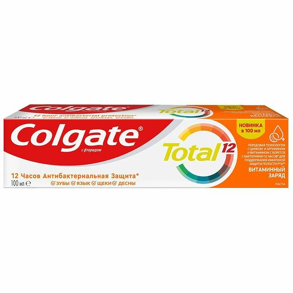Зубная паста Colgate Total 12 Витаминный заряд с цинком и аргинином для комплексной антибактериальной защиты полости рта в течение 12 часов
