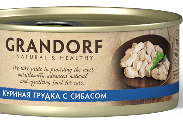 Влажный корм Grandorf консервированный, для кошек, куриная грудка с сибасом, 70г