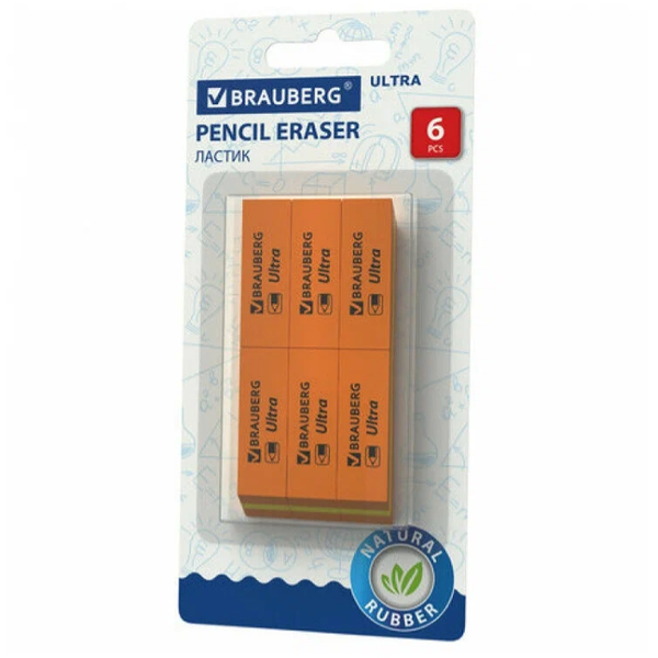 Ластики Brauberg Ultra набор 6шт размер ластика 41х14х8мм оранжевые натуральный каучук 229601