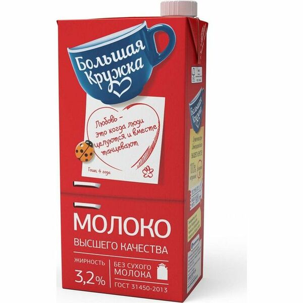 Молоко Большая Кружка ультрапастеризованное 3.2%, 1.98кг