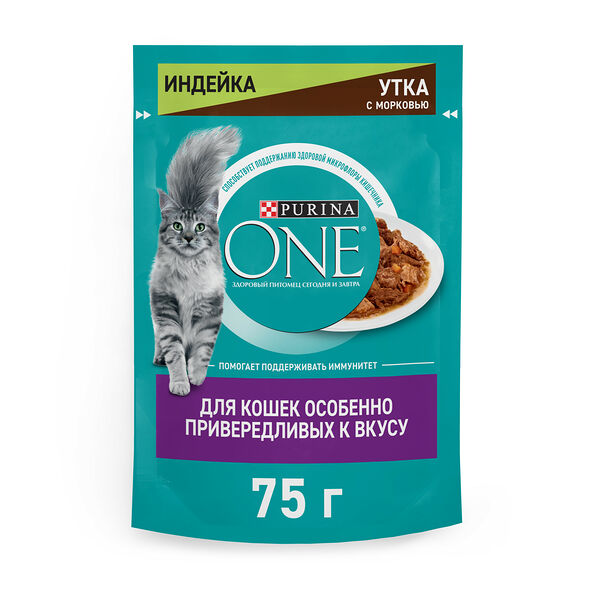 Влажный корм Purina ONE® для кошек особенно привередливых к вкусу, индейка и утка высокого качества с морковью, пауч, 75г