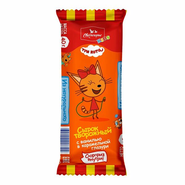 Сырок творожный Свитлогорье Kids Три кота с ванилью в карамельной глазури 16%, 40г