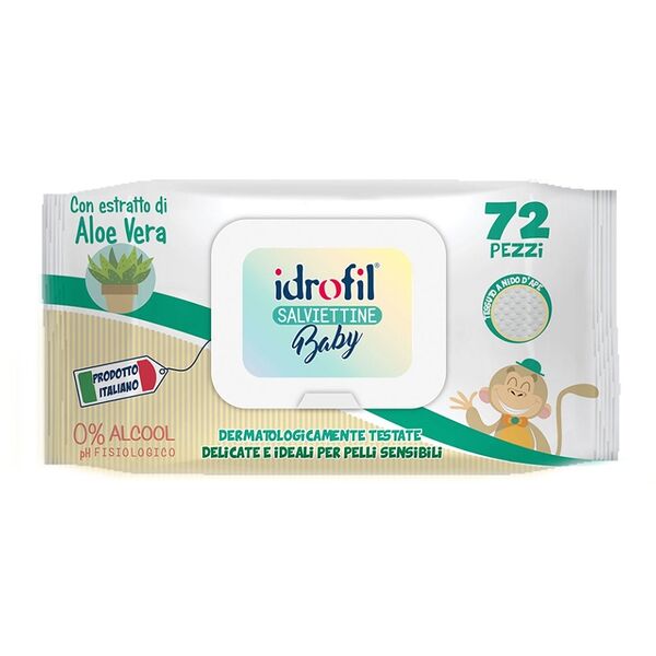 Салфетки влажные с экстрактом алоэ вера детские, Idrofil, 72 шт., Италия