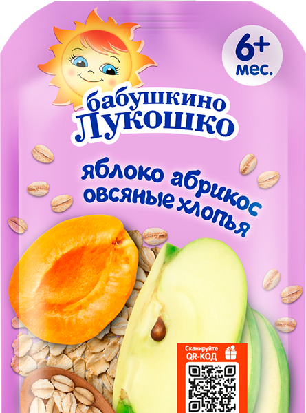 Пюре фруктовое БАБУШКИНО ЛУКОШКО Яблоко и абрикос, с овсяными хлопьями, с 6 месяцев