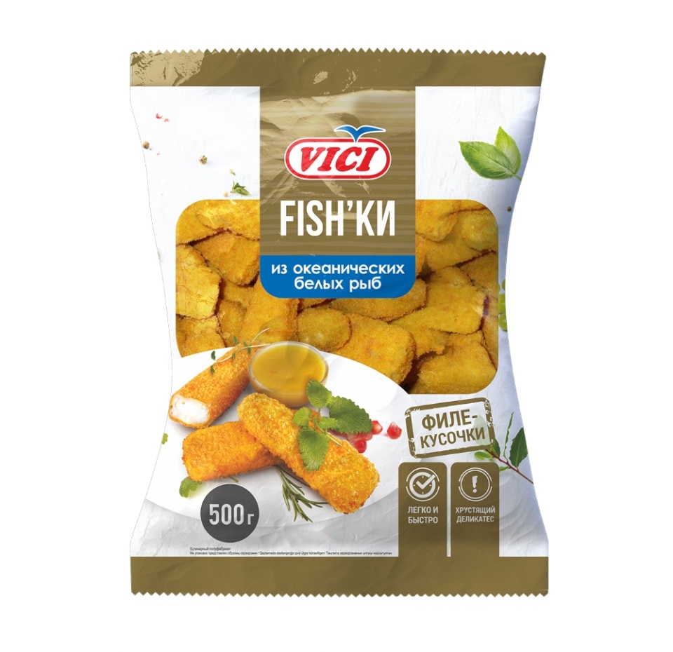 

Наггетсы Vici Fishки из минтая филе-кусочки в золотистой корочке обжаренные замороженные, 500 г