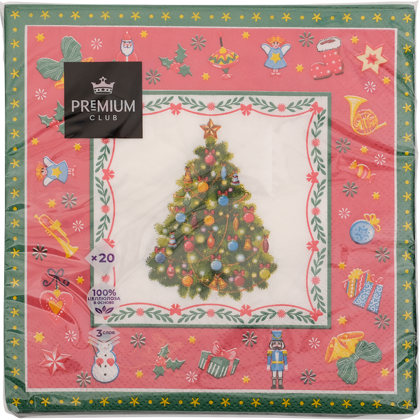Салфетки бумажные PREMIUM CLUB Новогодняя сказка на красном 3-слоя 33х33см, 20шт