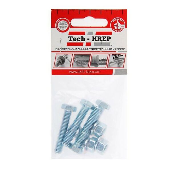 Болт DIN 933 М8х30 мм, гайка, шайба TECH-KREP, 4шт, шестигранный