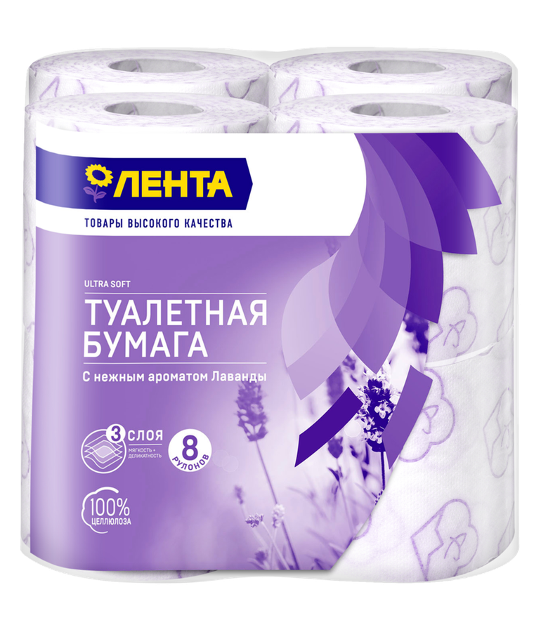 

Бумага туалетная Лента 3 слоя с ароматом лаванды, 8 шт.