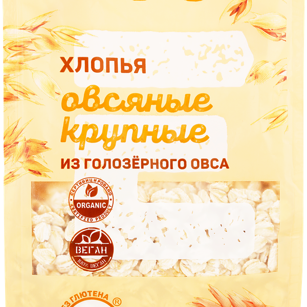 Хлопья овсяные безглютеновые ЛЕНТА ECO из голозерного овса, 375г