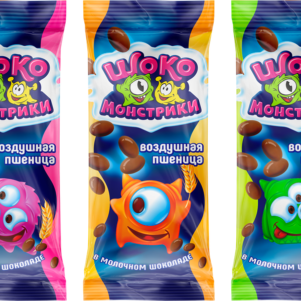 Драже ШОКОМОНСТРИКИ Воздушная пшеница в молочном шоколаде, дизайн упаковки в ассорт-те
