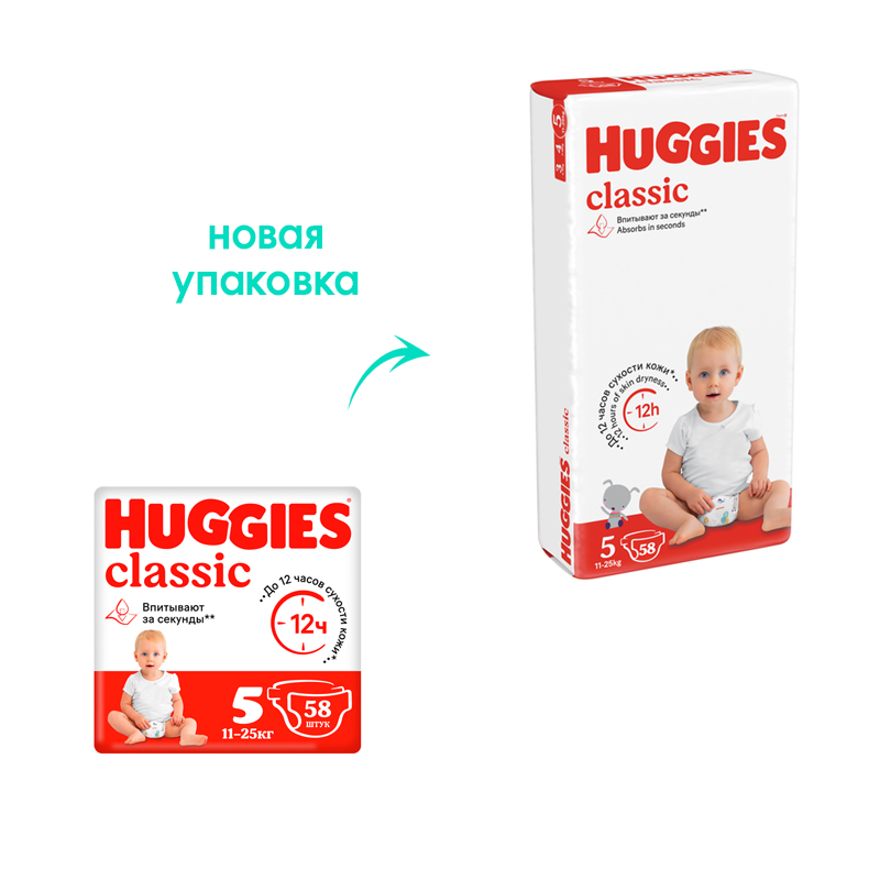 

Подгузники Huggies Classic №5 для детей 11-25 кг 58 шт.