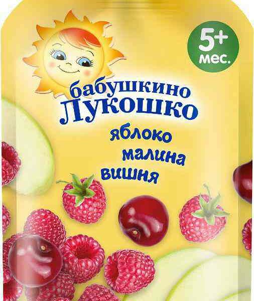 Пюре Бабушкино Лукошко Ассорти Яблоко, малина, вишня с 5 месяцев