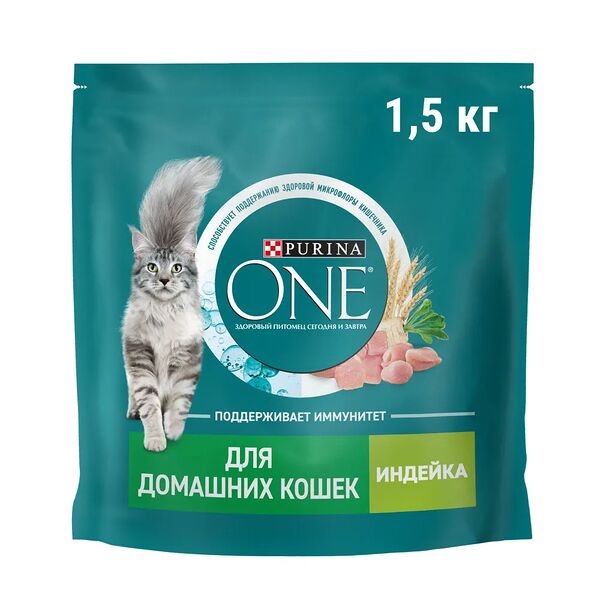 Корм сухой Purina One с индейкой и цельными злаками для взрослых кошек при домашнем образе жизни, 1.5кг