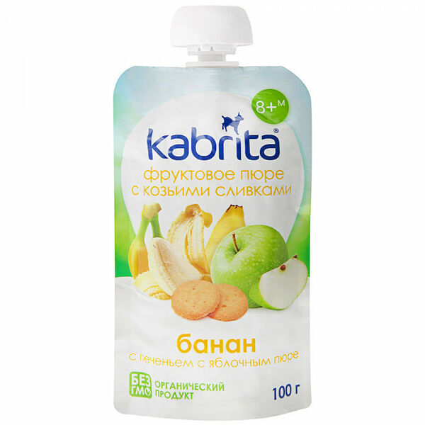 Пюре фруктовое Kabrita с козьими сливками Банан с печеньем и яблочным пюре, с 8 месяцев