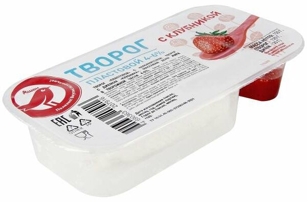 Творог Ашан Красная птица пластовой с клубничным наполнителем 4-6% БЗМЖ