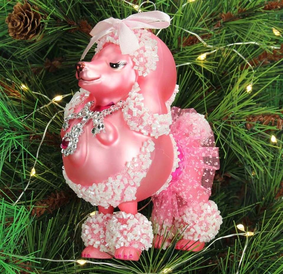 

Игрушка для елки Kersten «Коллекция Праздник» Пудель в юбке ярко розовый 14см стекло, Нидерланды