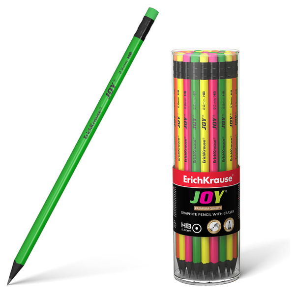 Карандаш чернографитный ErichKrause JOY, HB с ластиком, 1шт, в ассортименте