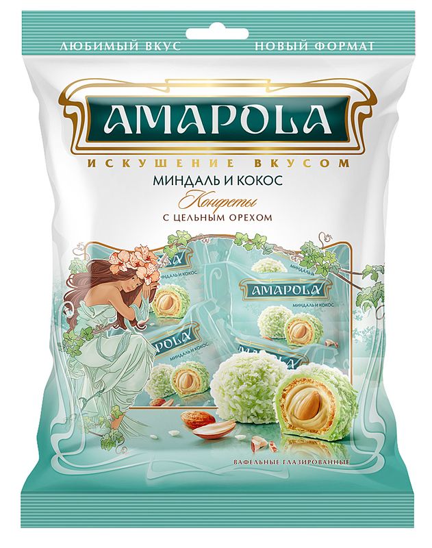 

Конфеты Amapola вафельные глазированные кокосовые миндаль и кокос 120 г