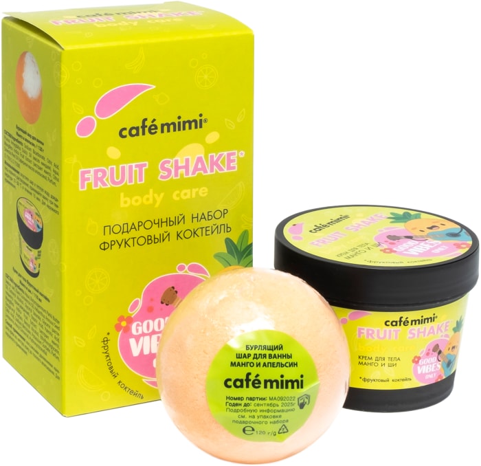 

Подарочный набор Cafe mimi Fruit Shake Фруктовый коктейль Крем для тела 110 мл + Бурлящий шар для ванны 120 г