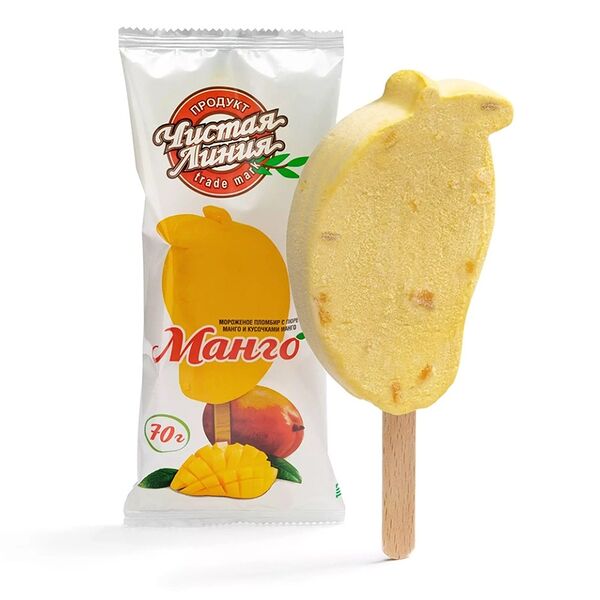 Мороженое ЧИСТАЯ ЛИНИЯ Манго пломбир с пюре и кусочками фруктов 12%, без змж, эскимо, 70г