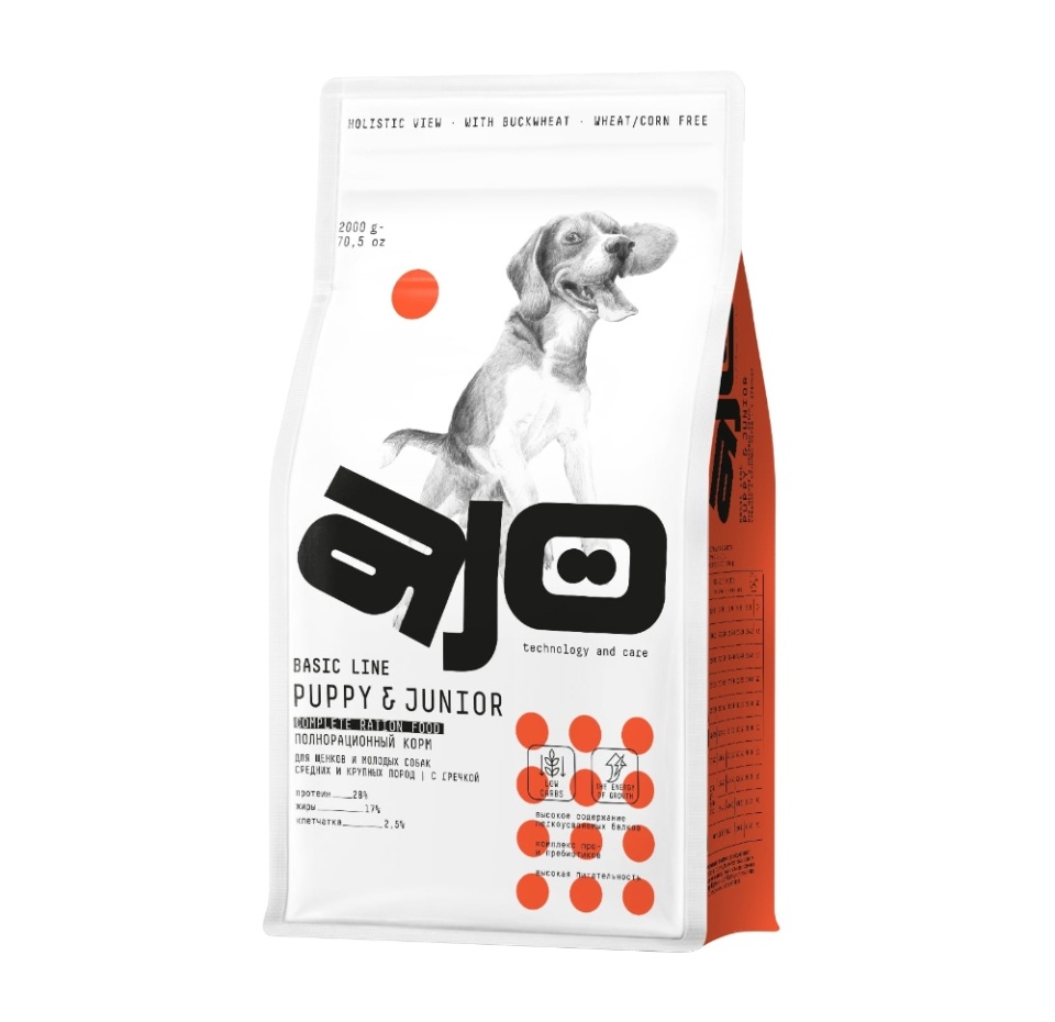 

Сухой корм Ajo для щенков и молодых собак Basic Line Puppy & Junior с индейкой и гречкой для средних и крупных пород 2 кг