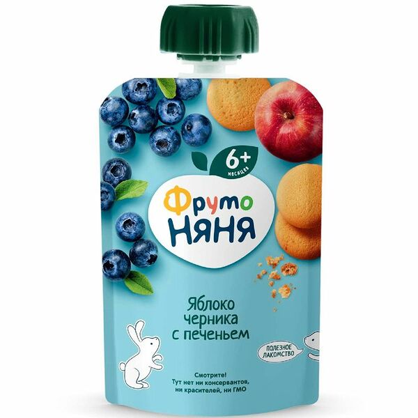 Пюре ФрутоНяня яблоко-черничное с печеньем с 6 месяцев, 90г