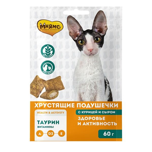 Подушечки хрустящие Мнямс Здоровье и активность для кошек с курицей и сыром 60 г