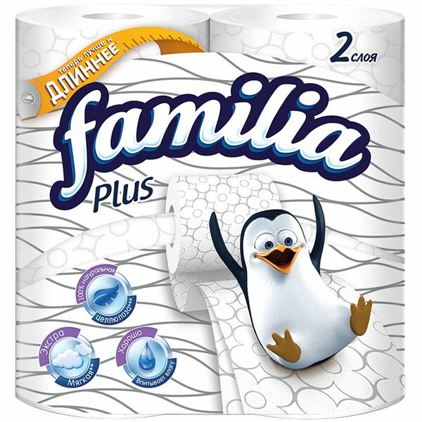 Туалетная бумага Familia Plus белая с тиснением и перфорацией 2 слоя, 4 рулона